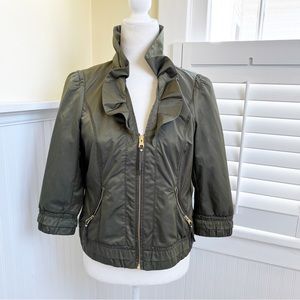 White House Black Market Army Green Satin Ruffle Neckline Cropped Bomber Jacket